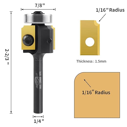 1/16" Radius Insert Roundover Router Bit 1/4" Shank, Replaceable Carbide Insert Edge Forming Roundover Bit Bead Rounding Over Edging Bit Wood CNC Router Bits