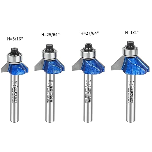 KOWOOD Plus 45 Degree Chamfer Router Bit Set, 1/4 Inch Shank, Cutting Diameter in 1/4?? 5/16?? 3/8?? 1/2??KOWOOD C3 Carbide. Ideal for Angled Edges, Clean Edge or Decorative Pieces