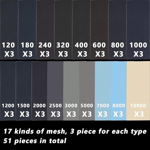51 Pcs Ultra Fine Wet Dry Sandpaper 120 to 3000,5000,7000,8000,10000 Assorted Grit Sanding Paper for Wood Furniture Finishing, Metal Sanding and Automotive Polishing, 9 x 3.6 Inches