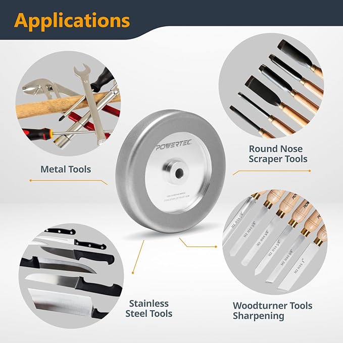 POWERTEC CBN Grinding Wheel 6 Inch 320 Grit, 1-1/4" Wide, 1/2" Arbor ??4-in-1 CBN Sharpening Wheel with 1/4" Radius Edge and Side Face for Bench Grinder (15708)