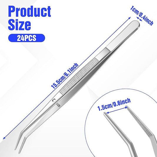 24Pcs Stainless Steel Tweezers with Curved Serrated Tip, 6Inch Long Tweezer for Crafting, Non-Slip Sewing Machine Tweezers High Precision Multipurpose Tweezer for Craft Sewing (Silver)