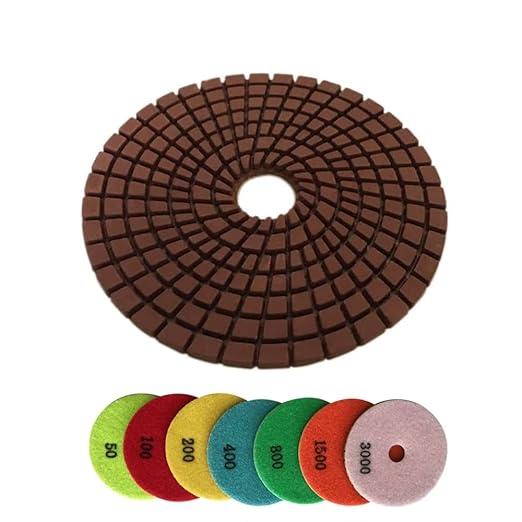 4" Wet Stone Polishing Pads Set (50, 100, 200, 400, 800, 1500, 3000 Grit, Rubber Backer) - for Granite, Marble, Quartz, Concrete Countertops