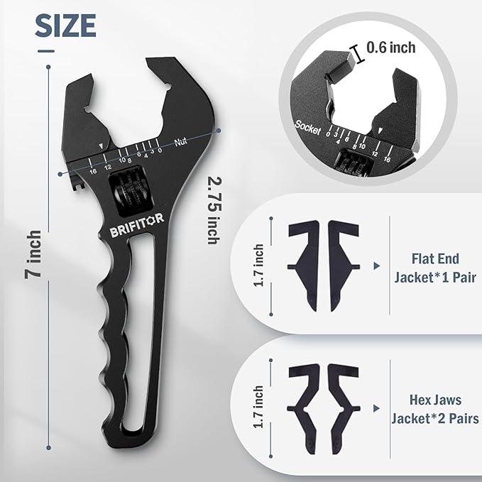 BRIFITOR Non Marring AN Fittings Wrench Adjustable Aluminum AN Wrench For 3AN-16AN Hose End Fittings With Replaceable Hex Type & Flat Type Jaw Protectors, Black.