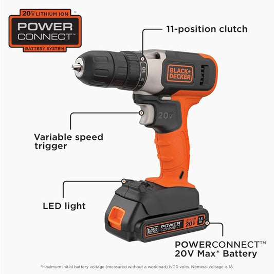 BLACK+DECKER 20V MAX Cordless Drill Kit with Battery, Charger, Includes Double Sided Drill Bit (BCD702C1)