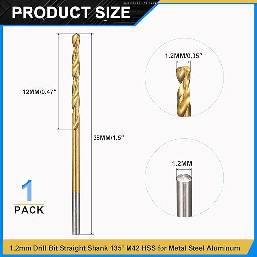 PATIKIL 1.2mm Drill Bit, M42 8% Cobalt High-Speed Steel Jobber Straight Shank 135° Titanium Nitride (TiN) Coated for Hard Metal Stainless Steel - 1 Pack