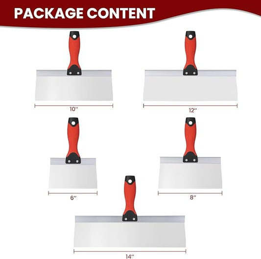 Drywall Taping Knife 5 PCS Stainless Steel Taping Knives, 6"/8"/10"/12"/14" Premium Drywall Skimming Blades with Nonslip Rubberized Grip Handle,Perfect Drywall Tool,Finishing and Patching
