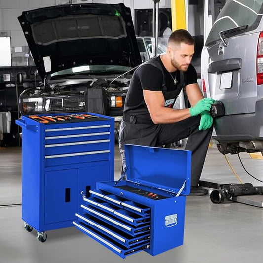 13-Drawer Rolling Tool Chest with Double Doors, 2 in 1 Detachable Rolling Tool Chest Combo, Mobile Tool Cabinet with Drawers, Metal Large Lockable Tool Box for Garage Workshop (Blue)