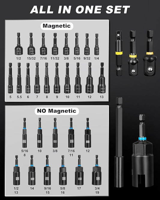 ROTATION 34-Piece Magnetic Impact Nut Driver Set, SAE&Metric Magnetic Nut Driver Bits with Deep Sockets, Adapters & Extension Bar, Professional Power Tool Accessories in Storage Case
