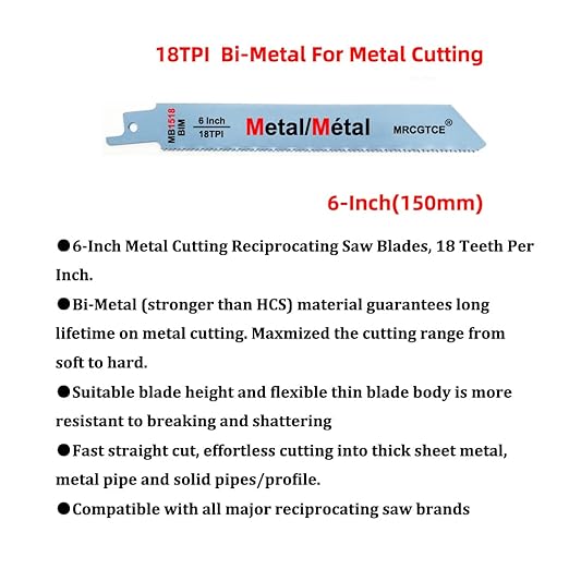 Metal Cutting Reciprocating Saw Blade, 6-Inch 18TPI Bi-Metal Recip Saw Blades (10pcs)