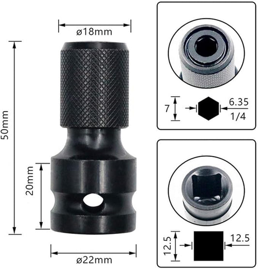 2PCS 1/2 inch Square Drive to 1/4 inch Hex Female Socket Adapter Converter Chuck Adapter for Impact Air and Electric Wrench