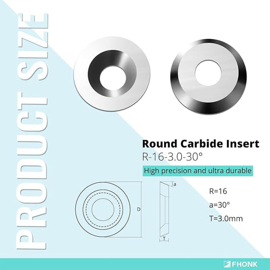 16mm Round Carbide Inserts Blades for Woodworking, Tungsten Carbide Cutters Knives for Ci0 Woodturning, Wood Finisher Hollower Lathe Tools, 10 pcs (R-?16x3.0-30째)