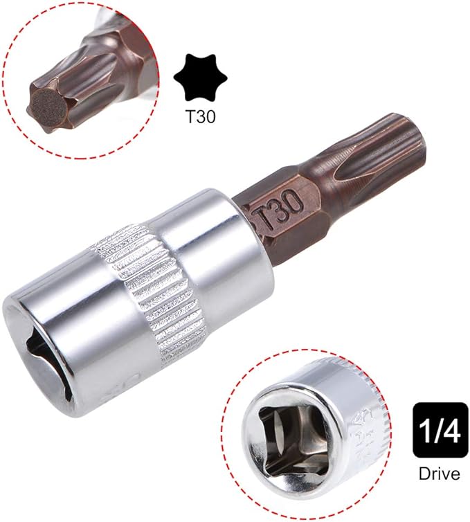 uxcell 3pcs 1/4" Drive x T30 Torx Bit Socket, S2 Steel Bits CR-V Sockets 38mm Length Use with Ratchet Wrench, Slide Bar, Extension Rod