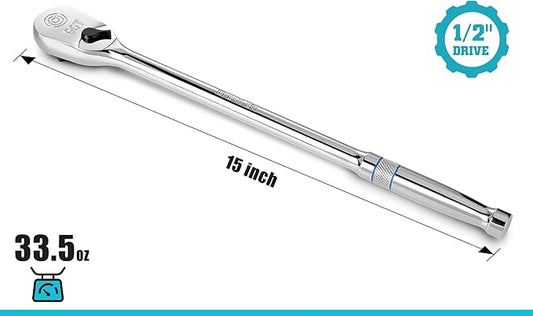 DURATECH Extra Long Handle 1/2-Inch Drive Ratchet, 90-Tooth Ratchet Wrench with 15" Handle and Dust Proof Teardrop Enclosed Head, Reversible, CR-V Steel Made, CR-MO Head, Full Polished, Gifts for Men