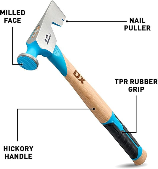 OX Tools Pro 12oz Dry Wall Hatchet Hammer Combo with TPR Grip and Nail Puller Straight Hickory Handle Milled Face Drywall Hammer Tool Hatchet Hammer OX-P088712