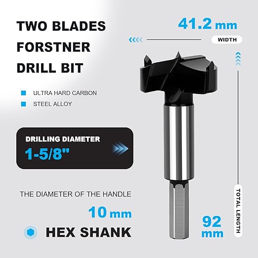 1-5/8 Inch Forstner Drill Bit Carbide Tipped,Woodworking Hinge Cutter for Precise Flat Bottom Holes in Hard Wood,Plywood,Plastic - Professional Grade
