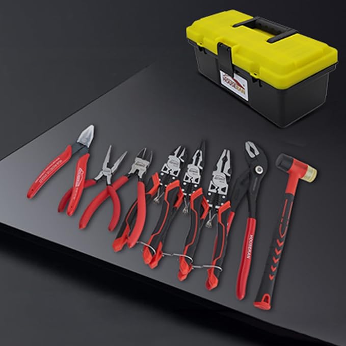 8-Piece Tool Set with Case Including 10??Groove Joint Pliers, 8.3??Long Nose, 8.3??Linesman, 7.5??Diagonal, 6??Flush Cutter, 5??Long Nose, 5??170 Cutter, 25mm Rubber Mallet for DIY & Home Use