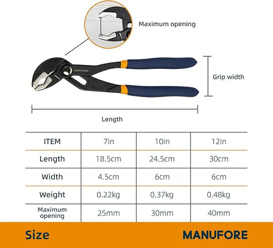 MANUFORE Water Pump Pliers, 7/10/12 Inch Quick Release Groove Joint Pliers with V-Jaw, for Griping Pipes, Rods, Shafts
