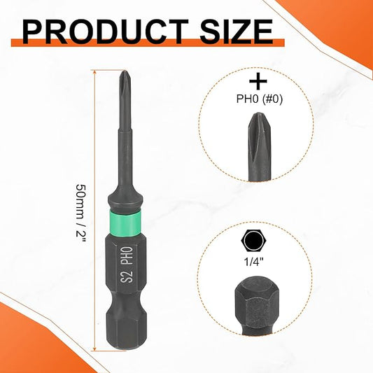 HARFINGTON #0 Impact Phillips Screwdriver Bit PH0 1/4" Hex Shank 2" (50mm) Length 0.1" Rod Magnetic Cross Head Drill Bits S2 Steel Industrial Screw Drivers for Impact Power Tools