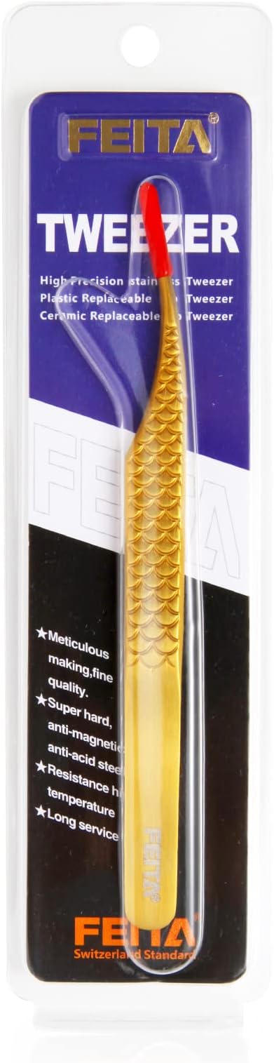 FEITA Diamond Grip Eyelash Extensions Tweezer Lash Precision Tweezers, Japanese Steel Dolphin-shaped Tip, False Lashes Application Tools, Gold 1Pc