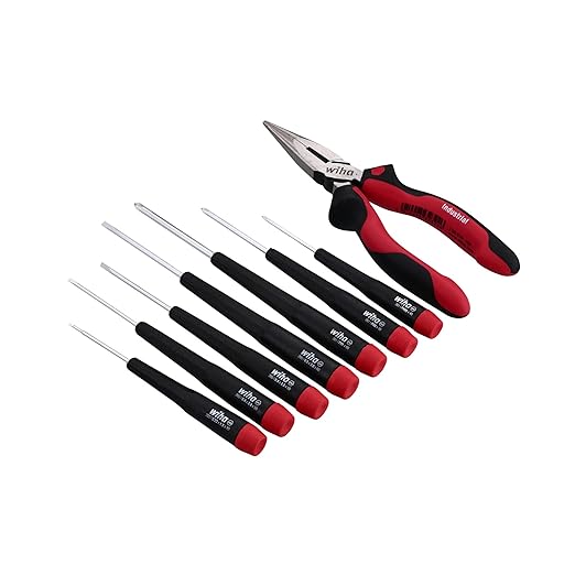 Wiha 26190 Slotted & Phillips Screwdriver Set with Bonus 6.3" Long Nose Pliers, 8 Piece, Extra-Long Handles, Chrome-Plated
