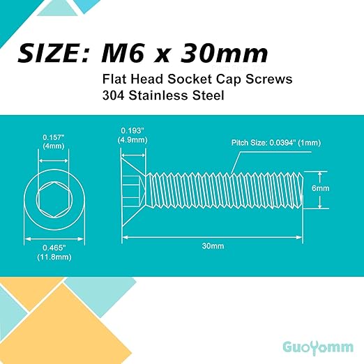 M6-1.0 x 30mm 30PCS Flat Head Hex Socket Cap Screws, Countersunk Bolts, Stainless Steel 304, Metric Allen Drive, Fully Threaded, Bright Finish