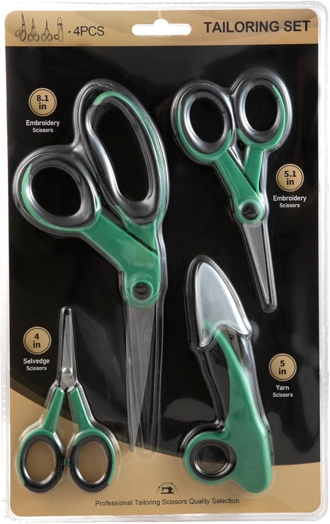4-Piece Professional Tailor Sewing Scissors Set - 8.1" Heavy Duty Sharp Blades, 4" Detail, 5.1" Embroidery, 5" Thread Snips with Ergonomic Comfortable Handle
