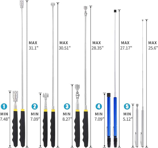 5 Pieces Telescoping Magnetic Pickup Tool Set, 1.5LB 15LB Pick-up Rod, 3.5LB 8LB Tools with LED Light, 10LB 360° Swivel Picker, Strong Magnet Stick Kit for Men Father Gift