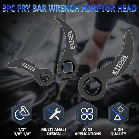 3 Pcs Pry Bar Wrench Adaptor Head Set, Crowbar Adapter Head Tool, Half Shaft Removal Car Repairing Tools 1/2" 3/8" 1/4" D (Square) Profile