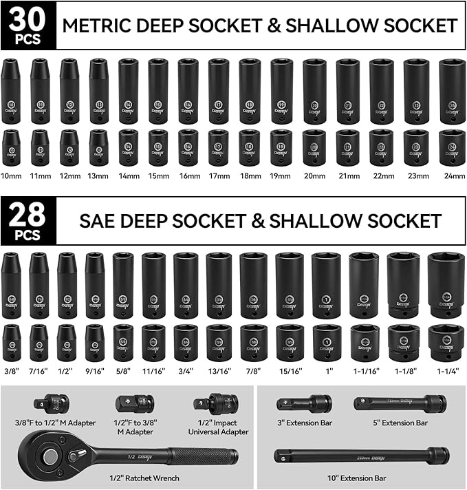 DISEN 65 Pieces 1/2" Drive Impact Socket Set, Metric (10-24mm) & SAE (3/8" to 1-1/4"), 6 Point Cr-V Alloy Steel for Auto Repair, Include Extension Bars, Adapter, Rugged Construction, Storage Case