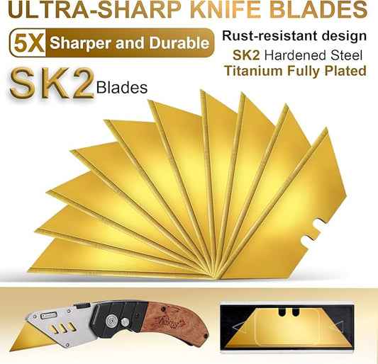 Vickay 60 Pack Utility Knife Blades, Box Cutter Blades, SK2 Razor Blades, Titanium Fully Coating, Refilled Blades for Box Cutter Utility Knife, Replacement Blades with plastic dispenser box