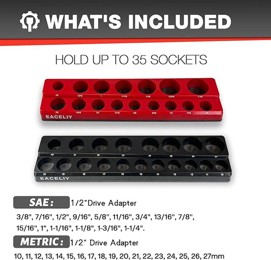1/2" Magnetic Socket Organizer Set, 2-Piece SAE & Metric Socket Holder Kit,竊똖ools tray竊?holds 35 Deep and Shallow 1/2" Sockets, attaches to steel box/tool cart (sockets not included)