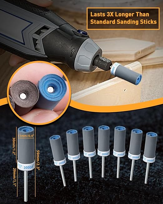 10Pcs 3000 Grit Sanding Drums Sandpaper Sticks Set for Dremel Rotary Tool with 1/8" Shank, Rotary Tool Accessories Suitable for Metal Rust Removal/Jade Polishing/Stone Grinding (3000 Grit)