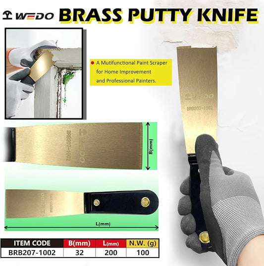 WEDO Brass Putty Knife 1-1/4",Paint Scraper, Spackle Knife, Wallpaper Scraper, Painters Tool, Crown Molding Tool, Paint Remover for Wood, Scraper,Length 8"