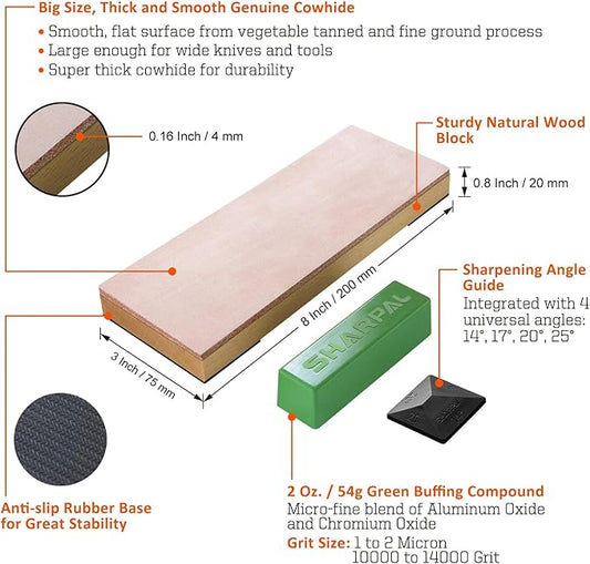 SHARPAL 204N Leather Strop (Genuine Cowhide) 8" x 3" Kit with 2 Oz. Polishing Compound & Angle Guide, Knife Stropping Block for Sharpening & Honing Knives, Straight Razor, Woodcarving Chisels