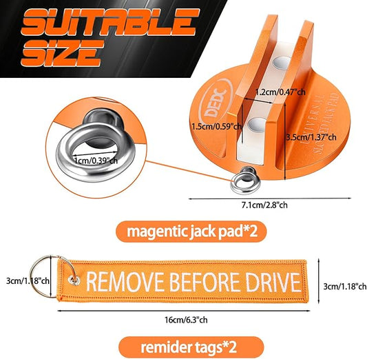 DEDC Universal Aluminum Grooved Magnetic Jack Pad 2 Pcs, Jacking Puck Pinch Weld Frame Rail Adapter with 2 Reminder Streamers, Oil Change Mush Haves, Mechanic Tools in Garage, Gifts for Mechanics