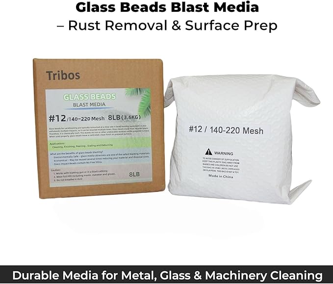 Glass Bead Media for Sandblasting ??8LB Non-Silica Reusable Blasting Abrasive for Rust Removal & Surface Finishing ??Multiple Mesh Options (# 12 (140~200Mesh))