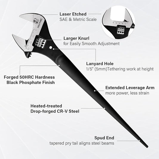 HAUTMEC 10inch Adjustable Spud Wrench, Wide Jaw Up to 1-3/16"(30mm), Adjustable Spud Wrenches with Tail Pry Bar Features, Black Oxide Finish, Forged CR-V Steel Metric & SAE Scales with Tether Hole