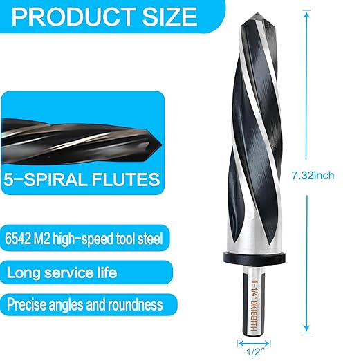 DKIBBITH 1-1/4" Bridge Construction Reamer Drill Bit, M2 HSS Taper Chucking Reamer for Steel Alloy Metal Wood Plastic, 1/2" Non-Slip Shank, 5-Spiral Flutes Car Reamer, to Align or Enlarge Holes, 32mm