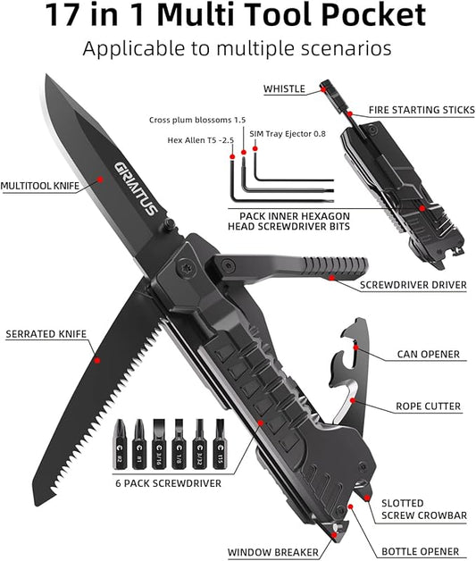 Multitool Knife 17 in 1Fire Starting Sticks, Bottle Opener, Saw Screwdrivers Bottle Opener, Whistle, Window Breaker and More -Perfect for Camping, Outdoor, Survival and Everyday Use,Gifts for Men Dad
