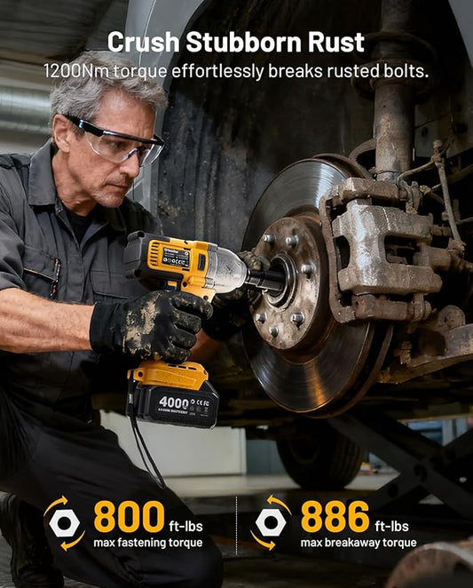Cordless Impact Wrench 1/2 Inch, 1200N·m(886ft・lbs) Brushless High Torque Impact Gun, 21V Electric Impact Driver, 2x4.0Ah Batteries, Charger & 6 Sockets, Variable Speeds for Car/Truck RV/Mower