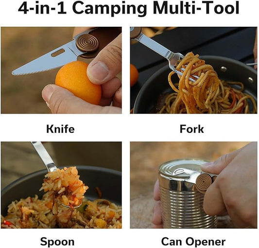 CIVIVI Partake 4-in-1 Camping Utensil, Detachable Stainless Steel Folding Knife, Fork, Spoon & Bottle Opener Multi-Tool, with Waxed Canvas Pouch for Travel Camping Hiking, C24032C-2, Coyote Brown