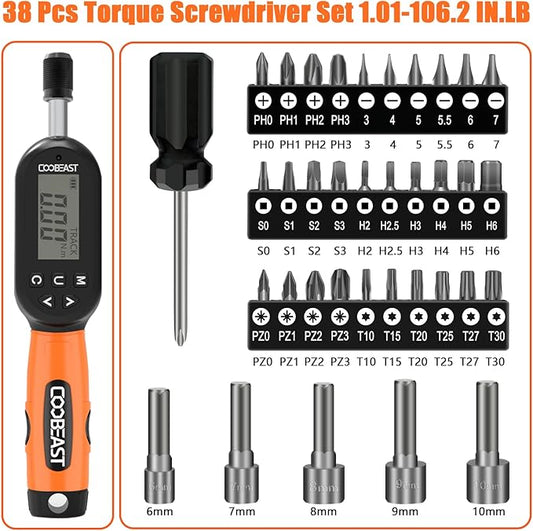38pcs Torque Screwdriver 1.01-106.2 in-lbs/0.11-12 Nm, 1/4 inch Drive Electronic Digital Torque Wrench Set Vibration with Buzzer/LED Notification for Gunsmithing, Scope Mounting