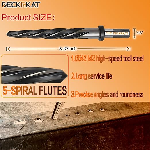 7/16" Reamer Drill Bit for Metal, M2 HSS Taper Reamer for Steel, Alloy, Wood, Plastic to Align, Enlarge Holes ??5-Spiral Flutes,3/8" Non-Slip Shank, 11mm Car Reamer, Bridge Construction Reamer