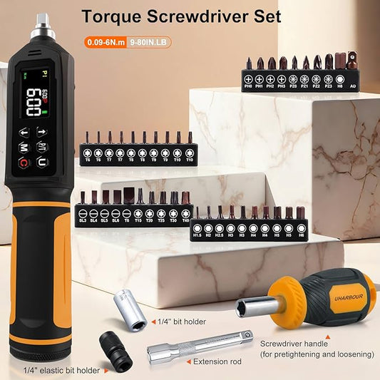 Digital Torque Screwdriver 0.09-6Nm, Torque Screwdriver Set with 1/4" Elastic Bit Holder, Exension Rod, Flat, Hex, Torx and Philips Bits, Suitable for Gunsmithing, DIY, Bicycle Maintenance
