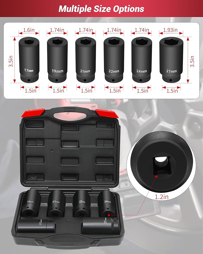 1/2?쇺?Drive Crank Bolt Socket Set, weighted socket set 6 Pack 17MM, 19MM, 21MM, 22MM, 24MM, 27MM, Harmonic Balancer Socket Set, 3 Times Momentum Power of Standard Impact Sockets