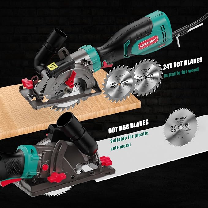 HYCHIKA 6.2A Mini Circular Saw with 3 Blades (4-1/2”), Compact Hand Saw Max 1-7/8" Cutting Depth, 3500RPM, Rubber Handle & 10ft Cord for Wood, Metal, Plastic, Tile