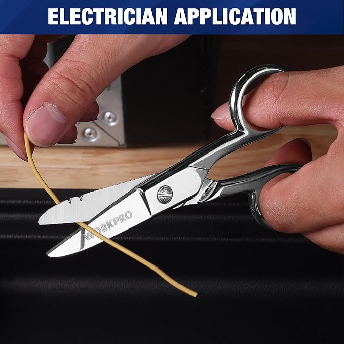WORKPRO Electrician Scissors, 5-1/5 Inch Heavy Duty Scissors, Nickel-Plated Stainless Steel Snips with 19&23 Stripping Notches for Telecom and Electrical Work