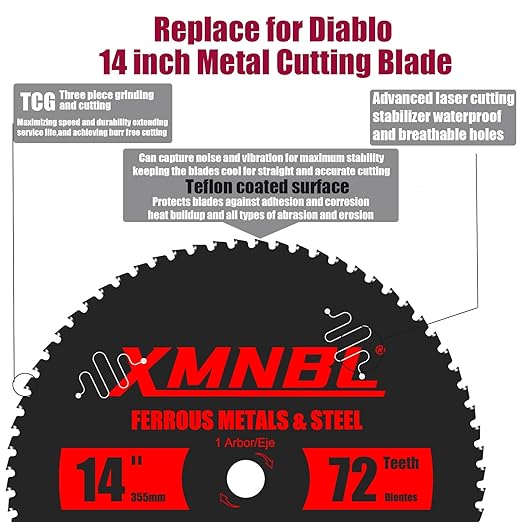 14 Inch Metal Cutting Saw Blade,Replacement for Diablo D1472CF 14" Metal Saw Blades,Compatible with Evolution Etc 14 Inch Chop Saw.72T Carbide Saw Blade.Steel Cutting Saw Blade.Longer Life 5X