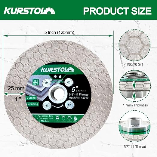 Tile Diamond Saw Blade - 10pcs 5"/125mm Dual-Purpose Diamond Cutting Disc,Angel Grinder Blade Arbor 5/8"-11 Thread for Cutting and Grinding Ceramic Tiles,Porcelain,Granite,Marble