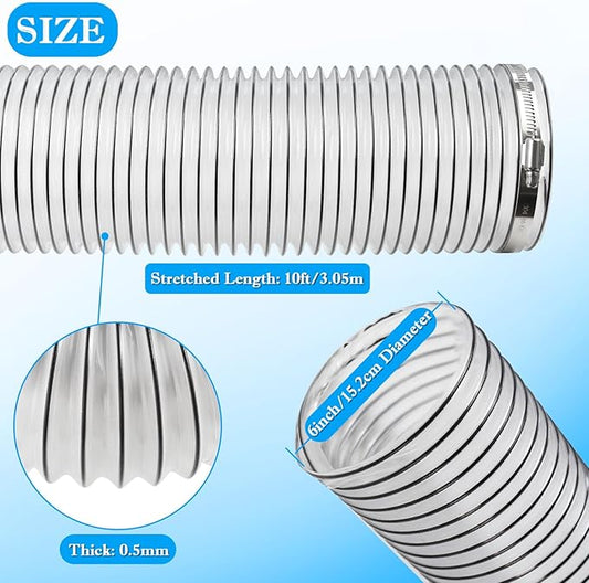 PVC Dust Collection Hose 6" x 10', Puncture Resistant 6 Inch Dust Collector Hose for Shop Vacuum,Woodworking Dust Collection Systems,Flexible Clear PVC Fume Debris Dust Hose Tube w/Carbon Steel Wire